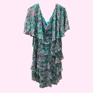 Vintage 80s 90s Patra Iridescent Circles Tiered Dress with Lettuce Hem Size Med